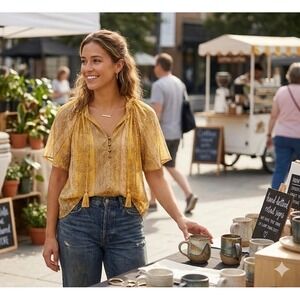 Liz Jordan Gold Paisley Boho Blouse – Metallic Shimmer Flutter Sleeve Top –12